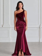 One Shoulder Velvet & Satin Ruched Maxi Evening Gown