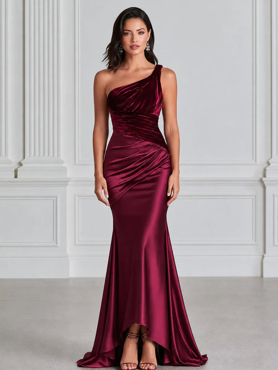 One Shoulder Velvet & Satin Ruched Maxi Evening Gown