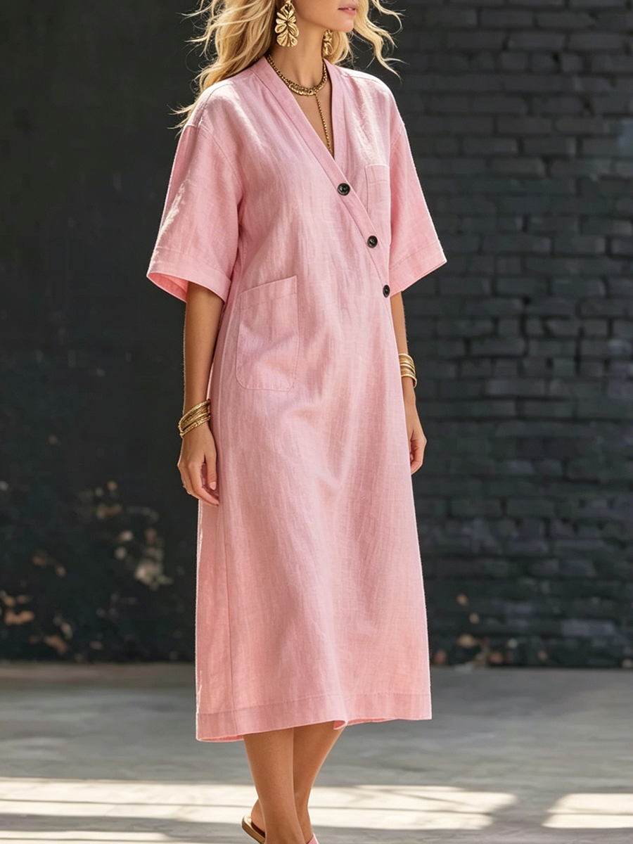 Cozy Buttons Loose-fit Cotton-linen Midi Dress