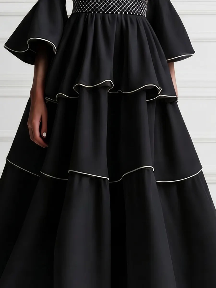 Black A-Line Maxi Dress With Crew Neck And Flared Sleeves