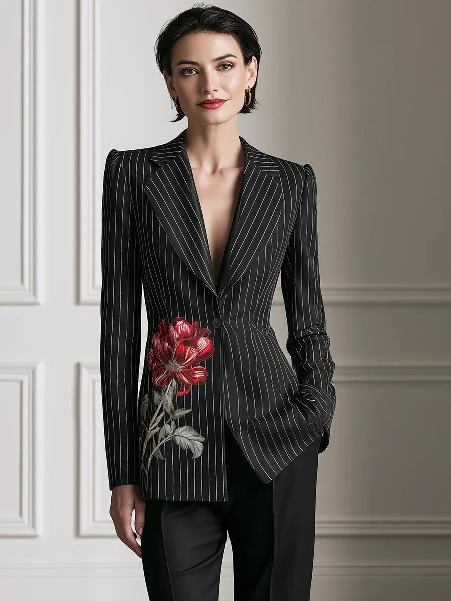 Floral Print Pinstripe Tailored Blazer