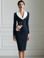 Contrast Collar Floral Pinstripe Blazer And Pencil Skirt Set