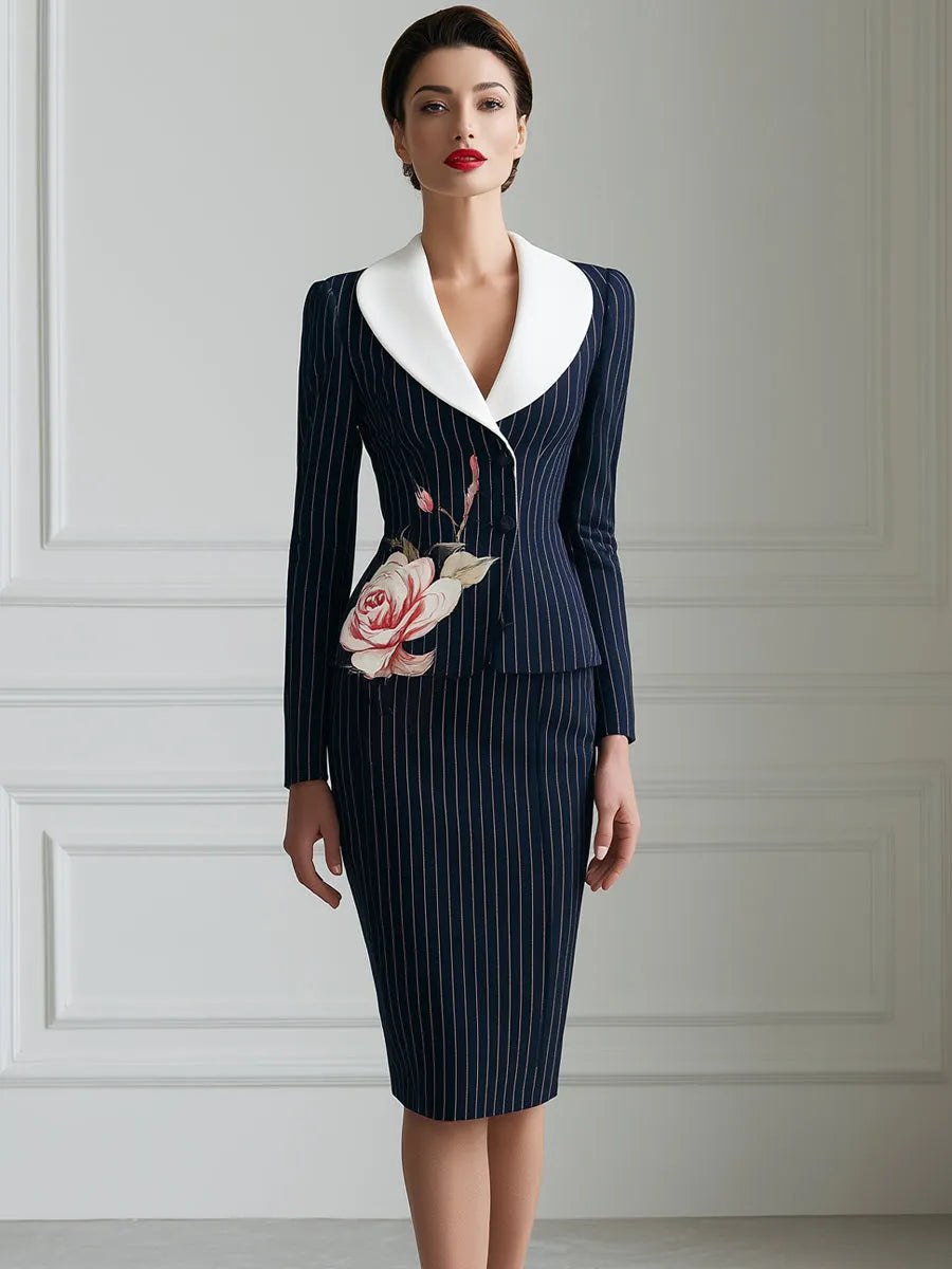 Contrast Collar Floral Pinstripe Blazer And Pencil Skirt Set
