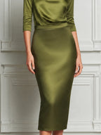 Olive Green Satin Draped Cowl Neck Pencil Midi Dress