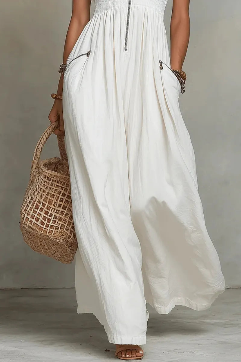 White Zip-Front Bohemian Maxi Dress