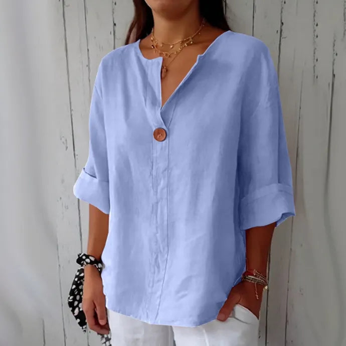 Solid Color Linen Blend Loose Blouse