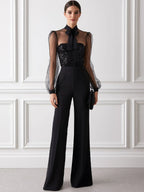 Sheer Mesh Long Sleeve Sequin Bodice Wide Leg Jumpsuit with Tie Neck