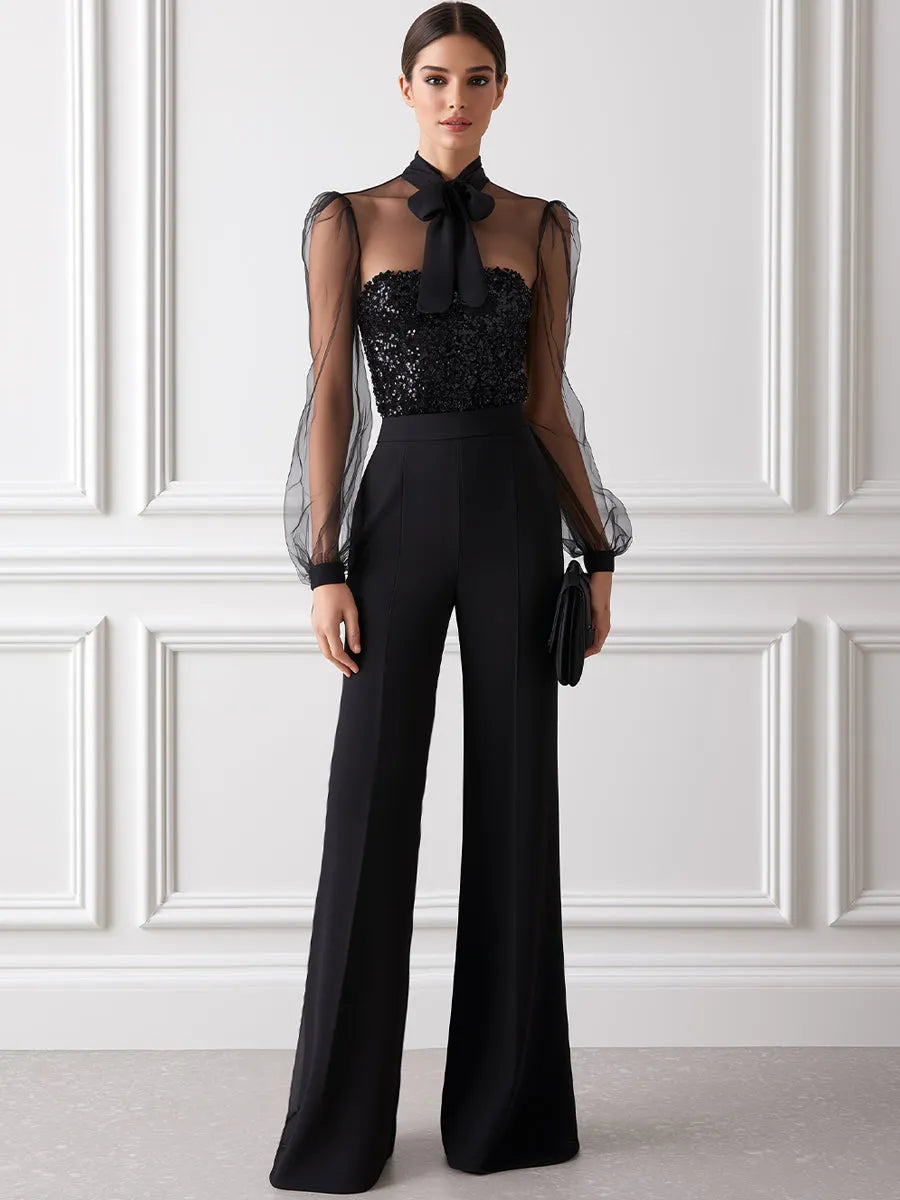 Sheer Mesh Long Sleeve Sequin Bodice Wide Leg Jumpsuit with Tie Neck