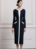 Navy & Ivory Colorblock Long-Sleeve Sheath Midi Dress