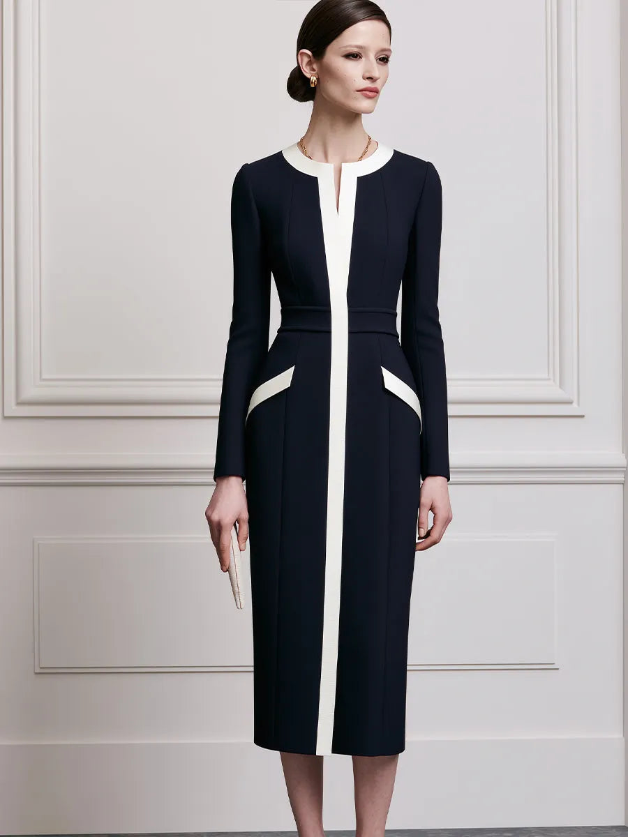 Navy & Ivory Colorblock Long-Sleeve Sheath Midi Dress