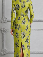 Chartreuse Floral Print Square Neck Pencil Midi Dress