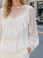 Dot-Jacquard Chiffon Ruffle Blouse