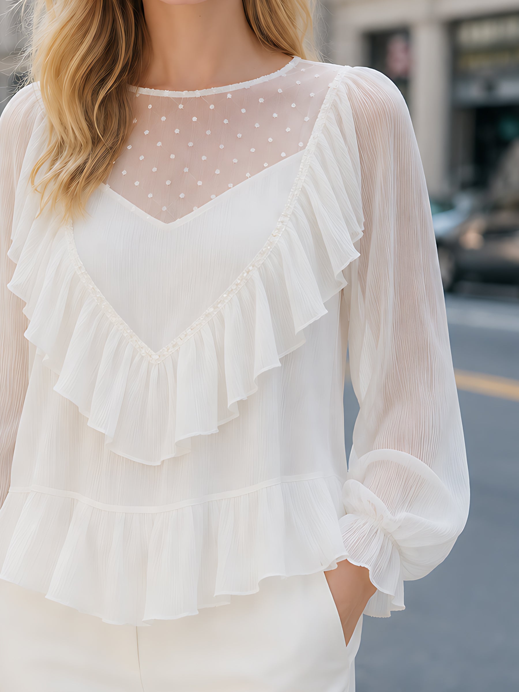 Dot-Jacquard Chiffon Ruffle Blouse