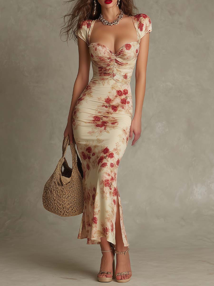 Beige Rose Print Pleated Bodycon Maxi Dress