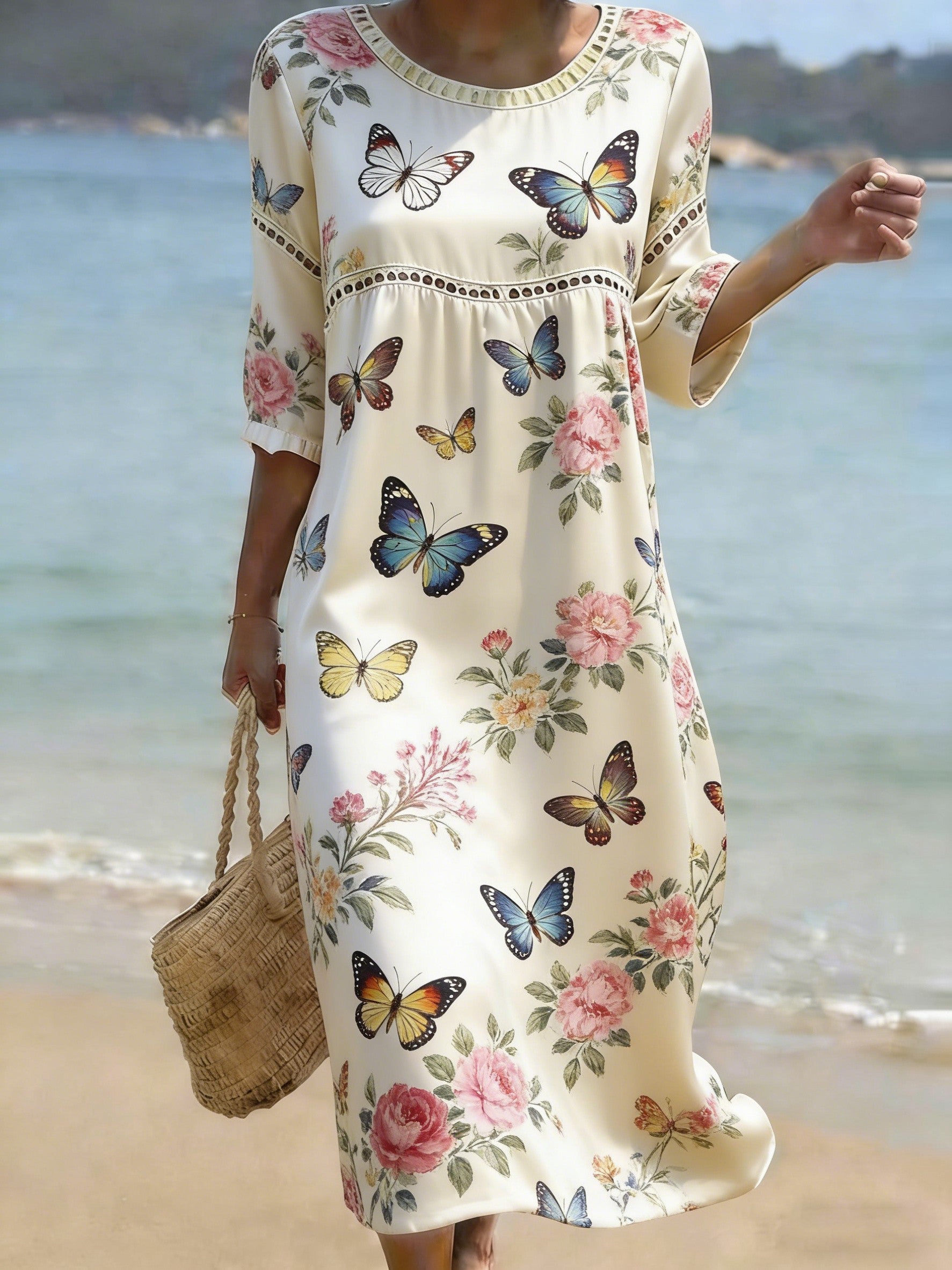 Women's Chinese Style Print Crew Neck Cotton Pocket Dress