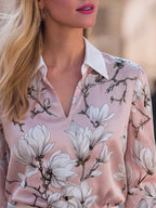 Floral Print Notch-Collar Satin Blouse