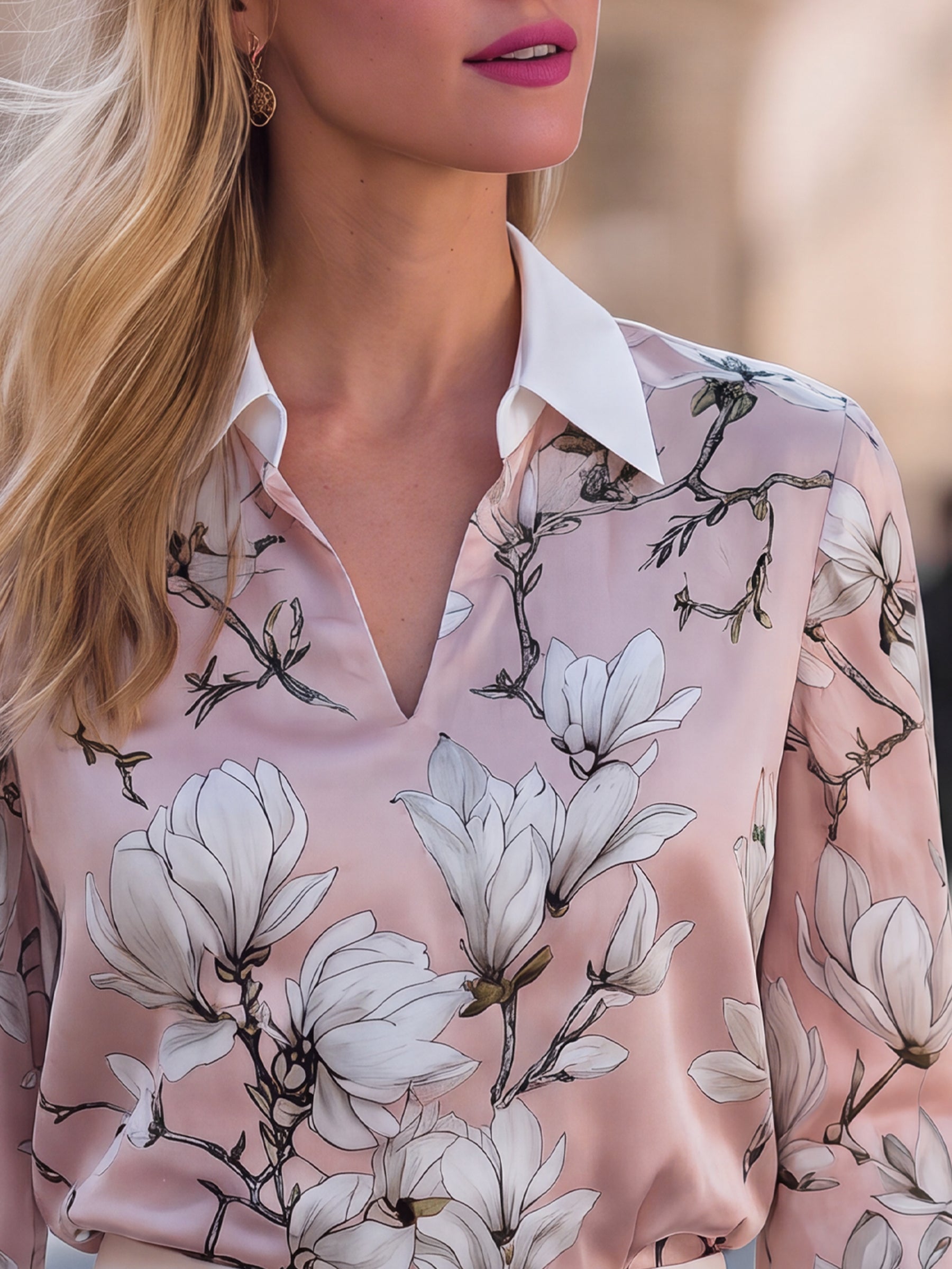 Floral Print Notch-Collar Satin Blouse