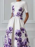 Ivory Purple Watercolor Iris Print Round Neck Pleated A-Line Midi Dress