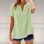 Solid Color Linen Blended V-neck Loose Blouse