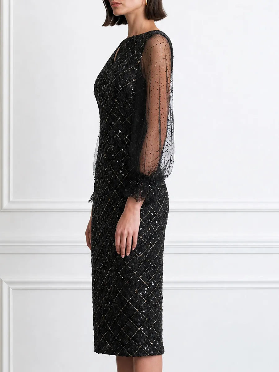Sequin Diamond-Lattice Sheer Dot-Mesh Puff Sleeve Bodycon Midi Dress