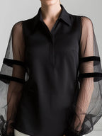 Pointed Collar Sheer Striped Mesh Balloon Sleeve Half-Placket Blouse