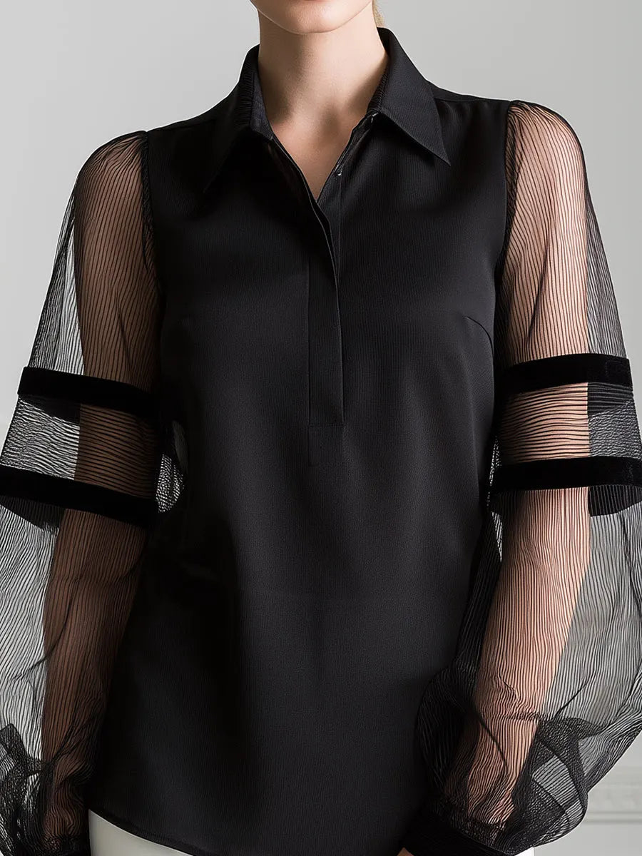 Pointed Collar Sheer Striped Mesh Balloon Sleeve Half-Placket Blouse