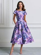 Lilac Hydrangea Print Satin Midi A-Line Dress