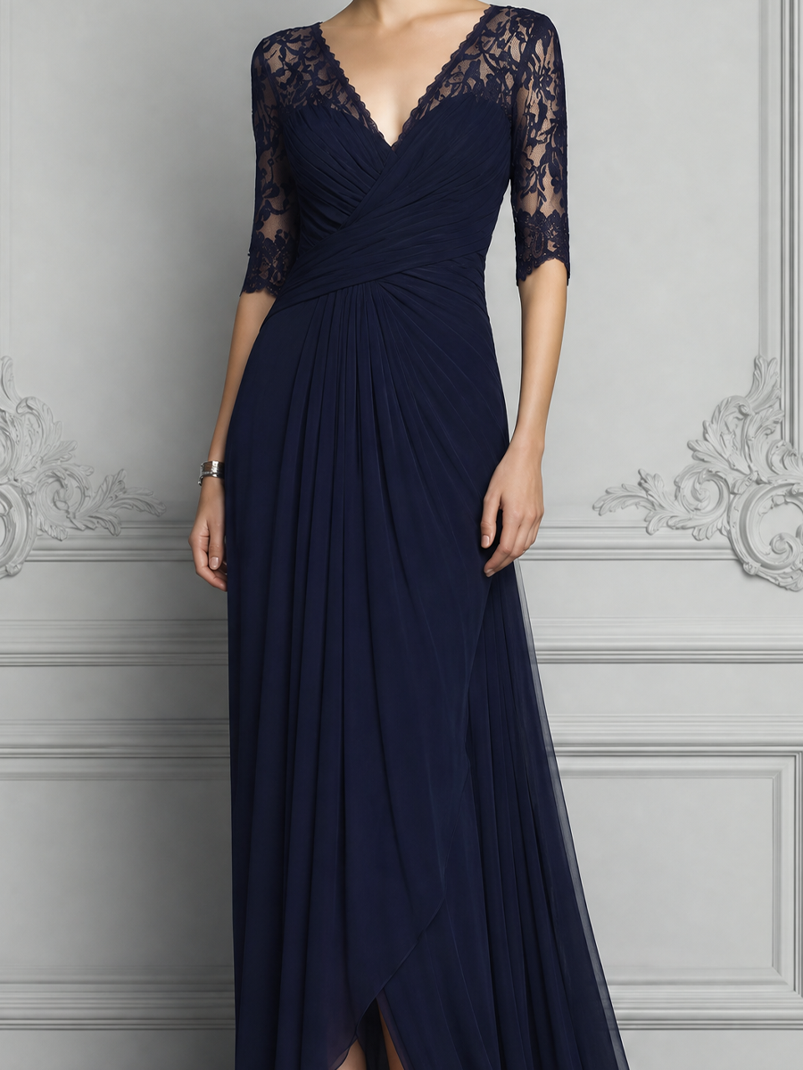 Navy Lace Dress Wrap V Neck Chiffon Slit Maxi Dress
