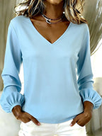 Women's Solid Color Long-sleeved V-neck Top