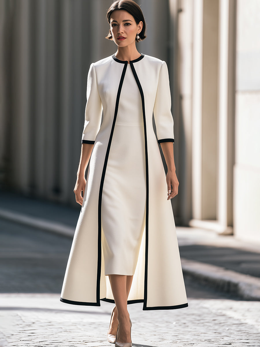 Contrast Trim Coat And Midi Dress Set