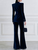 Navy Velvet Double-Breasted Blazer & Wide-Leg Pants Suit Set