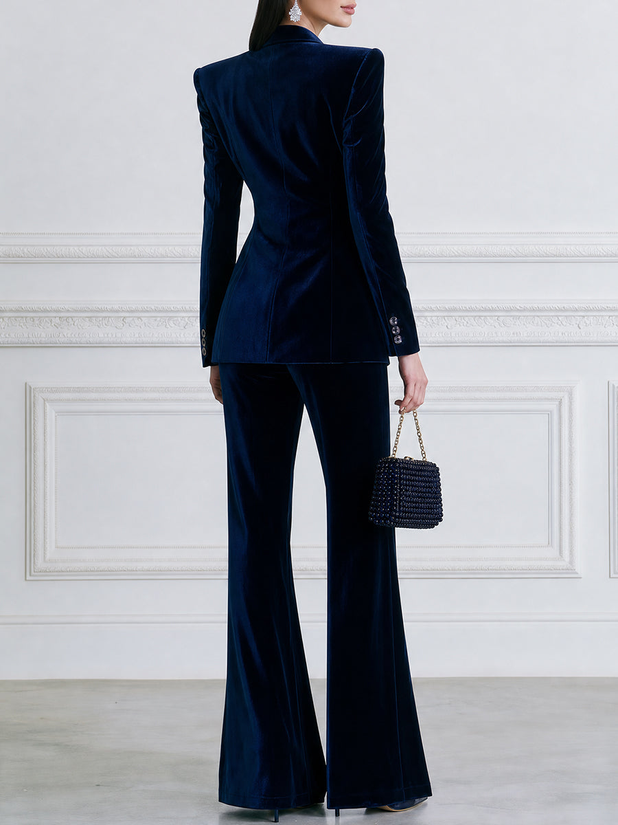 Navy Velvet Double-Breasted Blazer & Wide-Leg Pants Suit Set