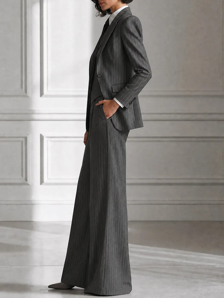 Women's Vintage Pinstripe 3-Piece Power Suit Set – Structured Blazer, Waistcoat & Wide-Leg Trousers
