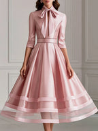 Bow-Tie Neck Satin Sheer Hem A-Line Midi Dress
