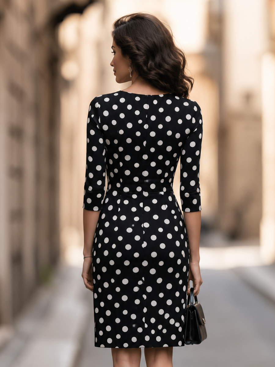 Polka Dot Print Bow-Waist Sheath Dress With 3/4 Sleeves