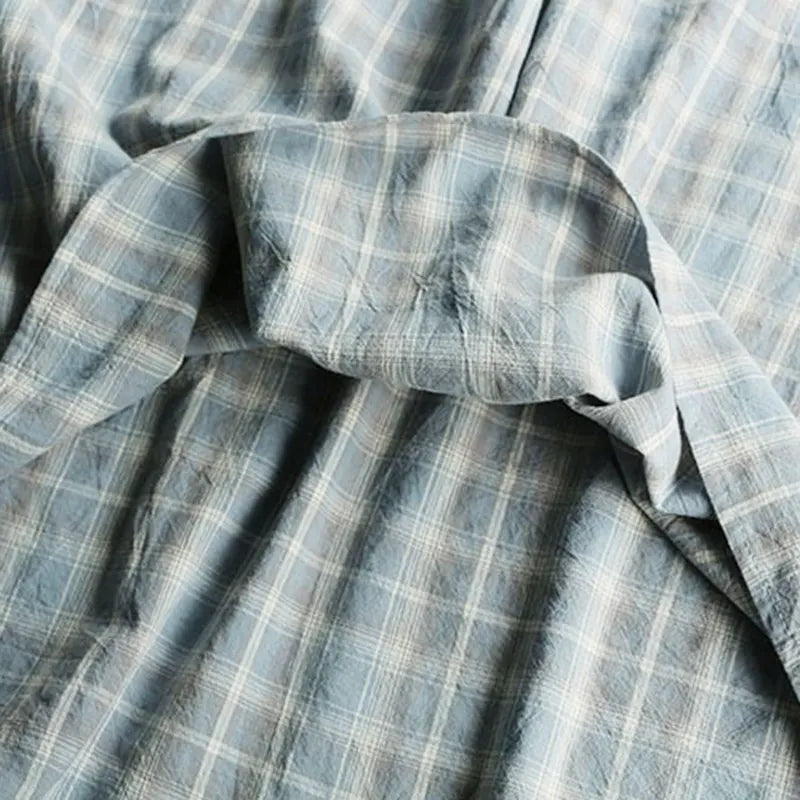 Vintage Flounce Plaid Cotton Linen Round Neck Comfy Shirt