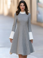 Houndstooth Color Block Flared Midi Dress With Ribbed Mock Neck