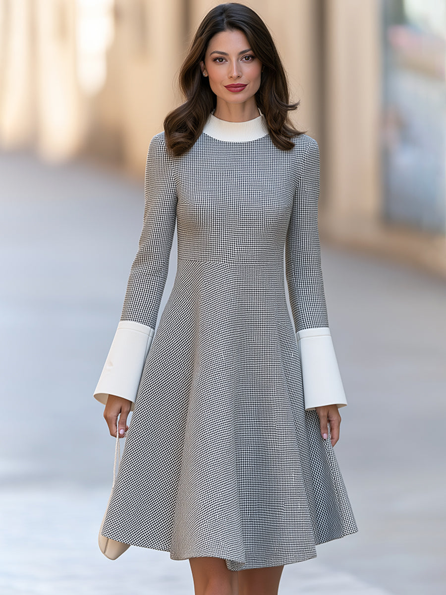 Houndstooth Color Block Flared Midi Dress With Ribbed Mock Neck