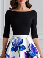 Black Color Block Watercolor Iris Print A-Line Midi Dress