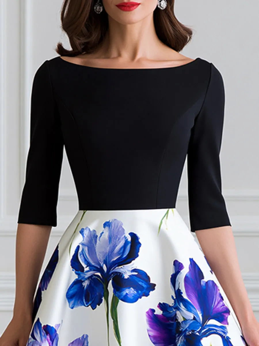 Black Color Block Watercolor Iris Print A-Line Midi Dress