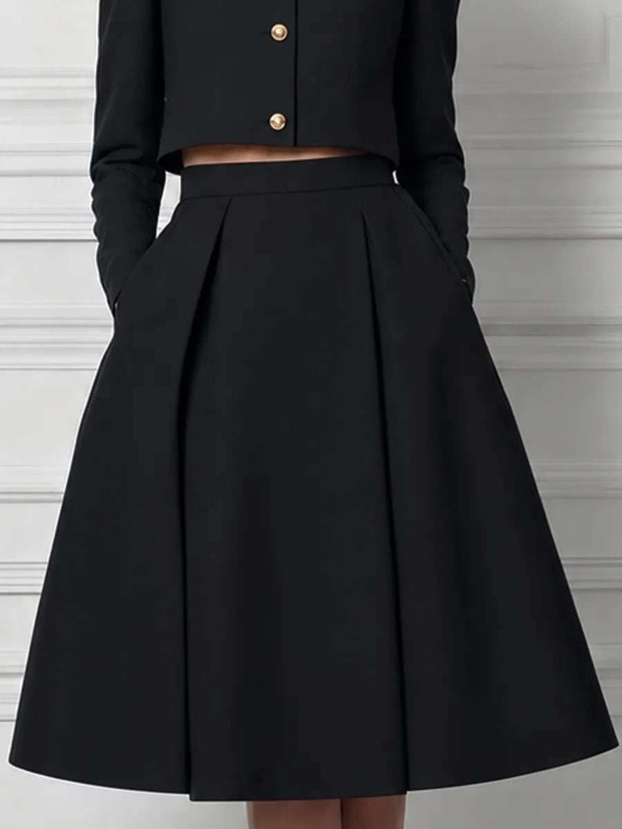Black Contrast White Peter Pan Collar Cropped Jacket & High Waist A-Line Midi Skirt Two-Piece Set