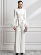 Feather-Cuff Long Sleeve Peplum Top & Flare Pants Two-Piece Set