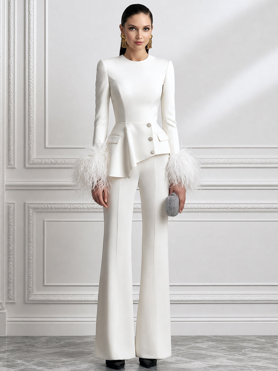 Feather-Cuff Long Sleeve Peplum Top & Flare Pants Two-Piece Set