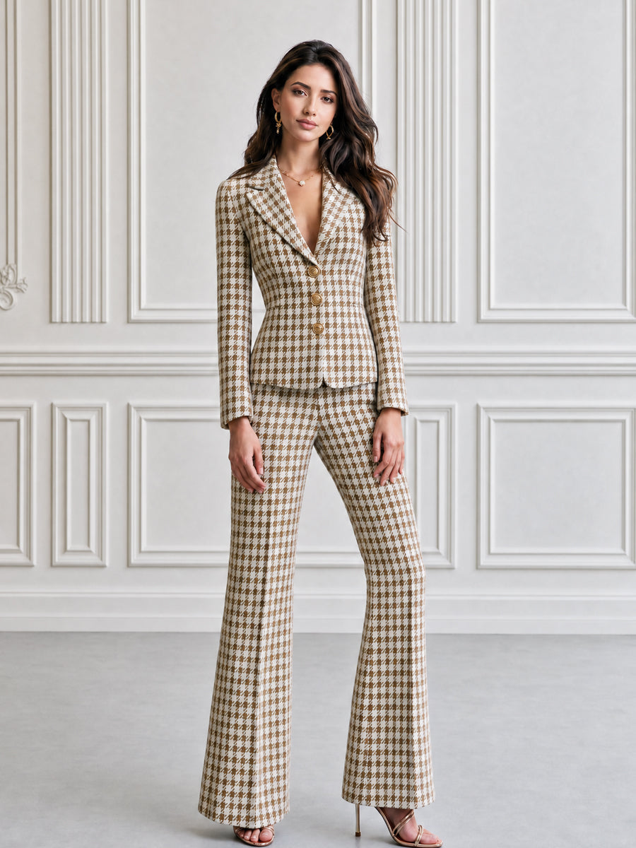 Houndstooth Tweed Blazer & Flare Pants Two-Piece Suit Set