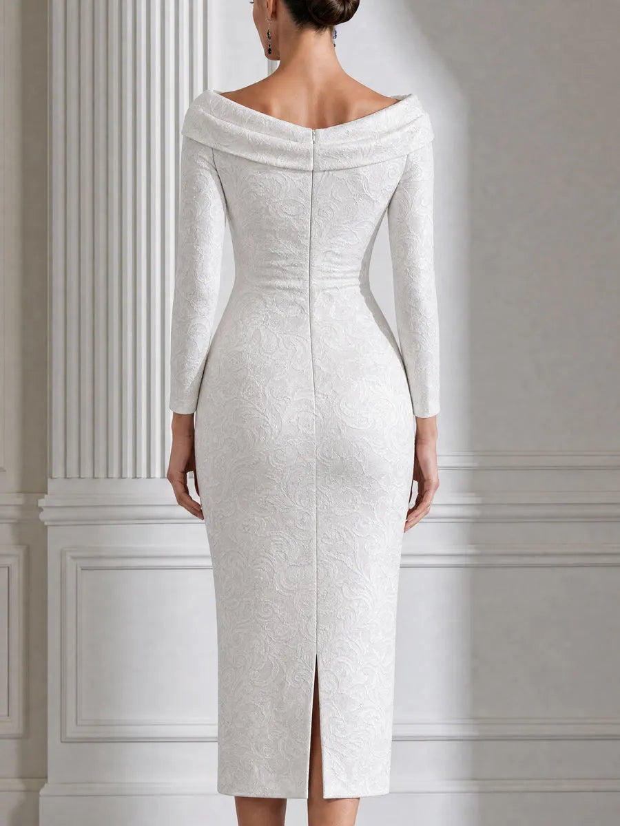 Textured Jacquard Cowl Neck Long Sleeve Midi Dress