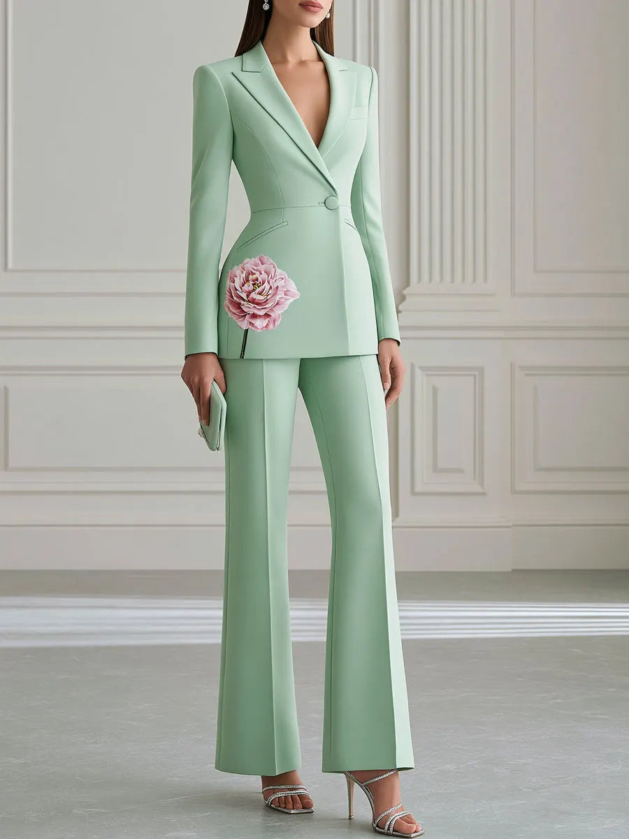 Floral Embellished Tailored Blazer And Wide-Leg Pants Set