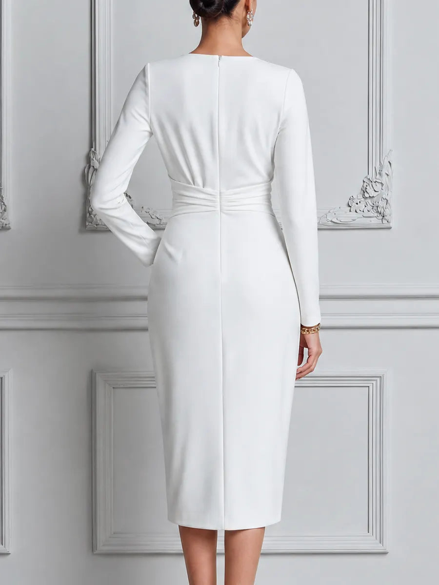 White Dress Ruched Knot Waist Front Slit Pencil Midi Dress