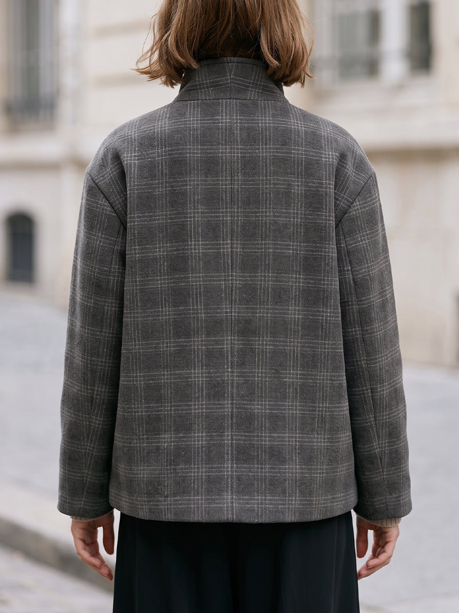 Grey Plaid Stand Collar Double-Breasted Cropped Wool Jacket