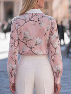 Floral Print Notch-Collar Satin Blouse