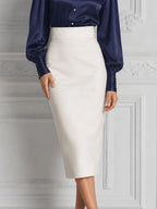 Navy Satin Shirt Blouse & Ivory High Waist Pencil Midi Skirt Two-Piece Set